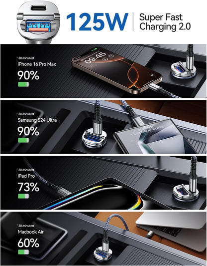 【Upgraded】 125W Car Charger USB C Super Fast Charging, [PD65W & QC60W][All Metal] MRGLAS Cigarette Lighter Car Charger, Car Electrical Accessories for iPhone 17 Pro Max iPad Samsung S26 S25 Pixel 10