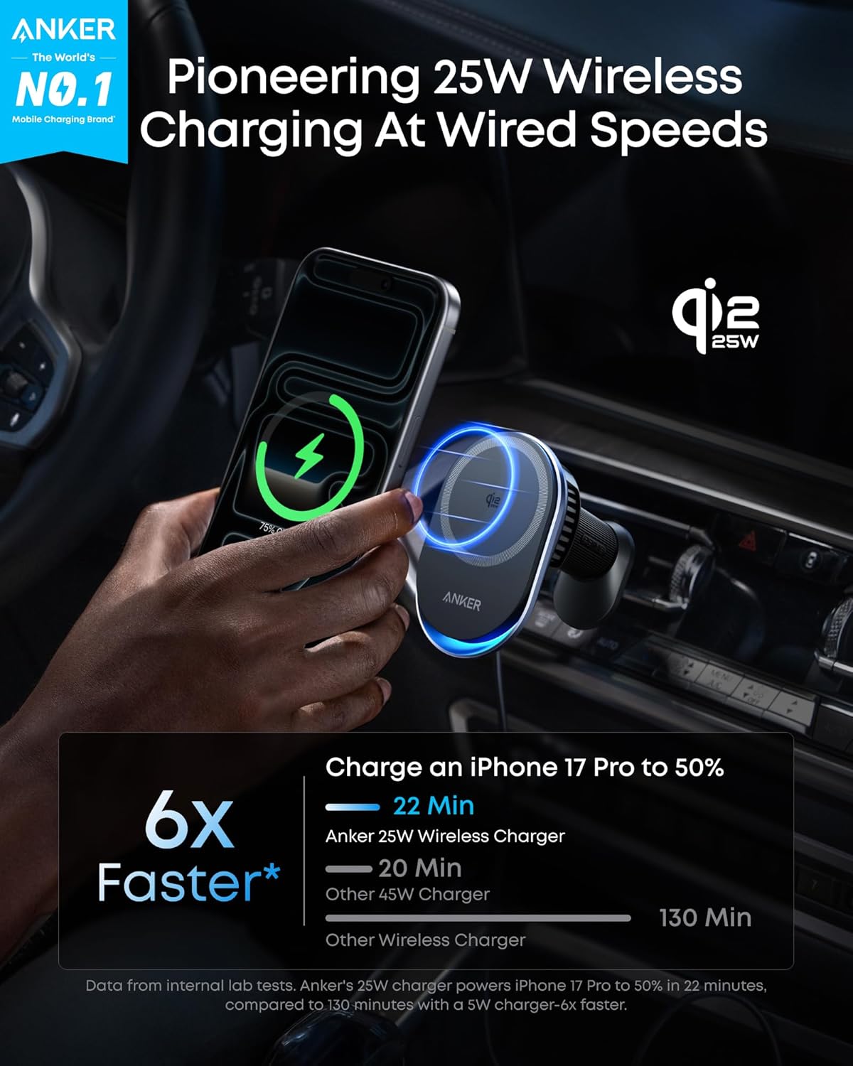 Anker Prime MagSafe Car Mount Charger, Qi2 25W Certified Wireless Car Charger with AirCool, Strong Magnets, Air Vent Mount for iPhone 17-12 Series