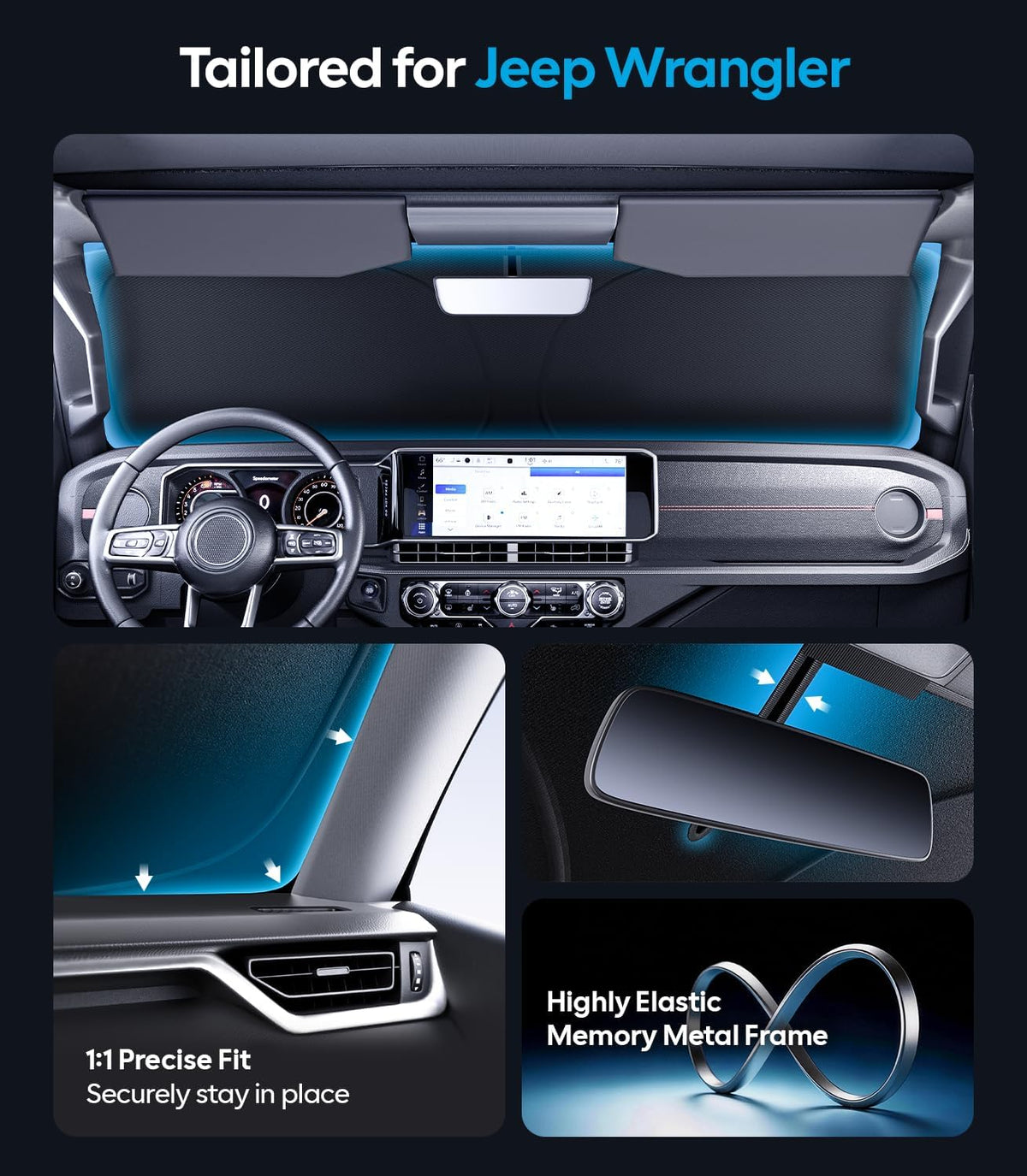 Wigoo Tesla New Model Y Accessories Windshield Sunshade [OEM Design, 100% Sun Blockage] Foldable Heat Insulation Sunshade with Storage Bag, for Model Y 2020~2026 (Juniper), Silver Coating - Colors B