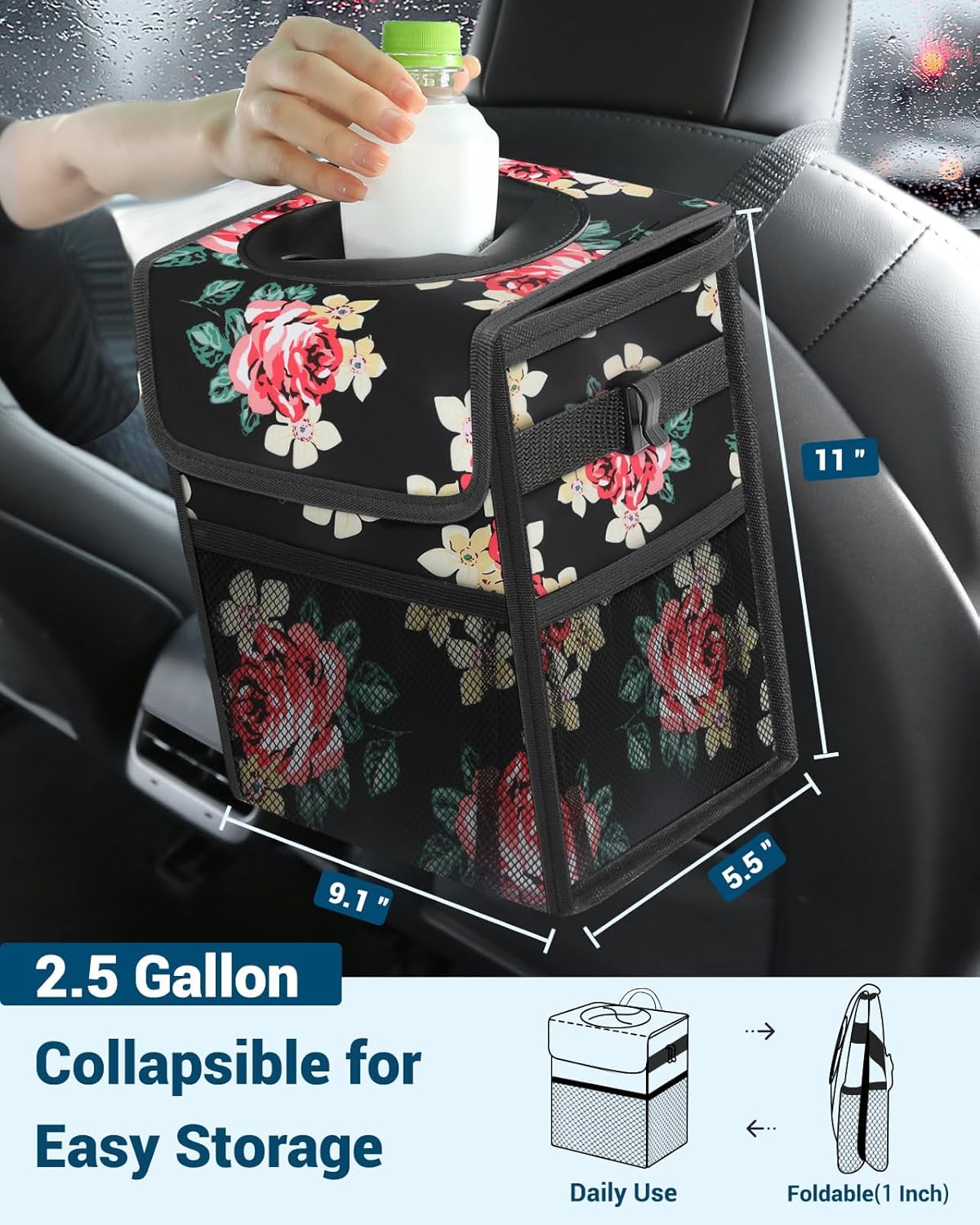Capolo Car Trash Can with Lid, Leakproof Car Trash Bag Hanging Waterproof Automotive Garbage Can with Storage Pockets Mini Vehicle Trash Bin for Back/Front Seat(Black,2.5 Gallon)