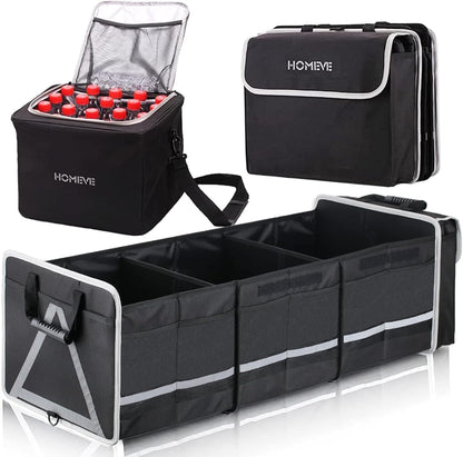 Homeve Car Trunk Organizer for SUV, 18.5Gal Large Capacity No-Sag Heavy Duty, Foldable Waterproof Anti-Slip Storage with 12 Pockets, Fit Sedan,Truck, Universal Car Accessories, Black, Large, 2 Compart