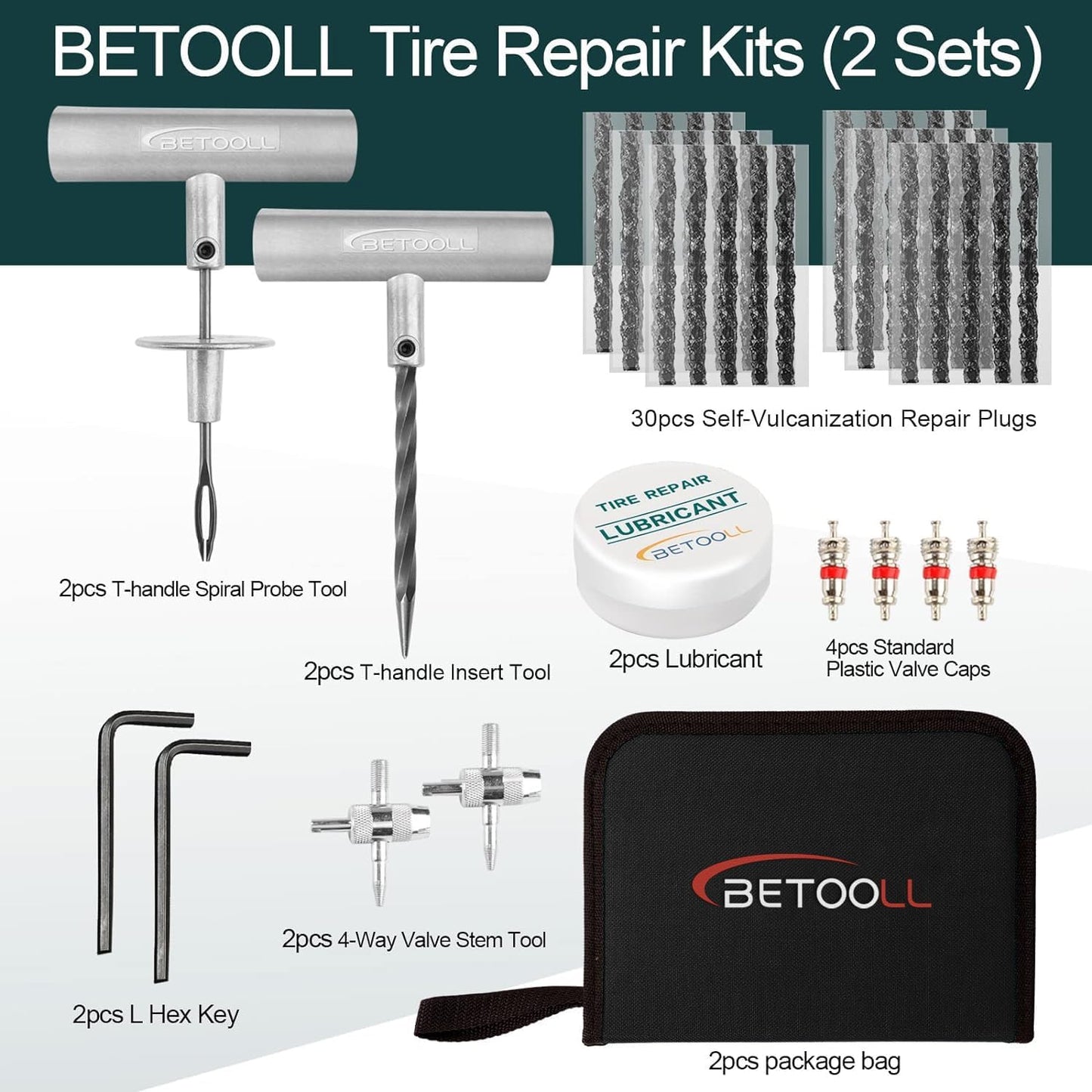 BETOOLL Tire Repair Kit, 24 Pcs Professional Heavy Duty Universal Emergency Flat Tire Repair Kit to Fix Punctures, for car Motorcycle, Truck, Golf Cart, ATV, Tractor, ARB, RV, SUV, Trailer etc.