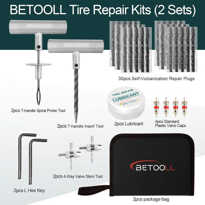 BETOOLL Tire Repair Kit, 24 Pcs Professional Heavy Duty Universal Emergency Flat Tire Repair Kit to Fix Punctures, for car Motorcycle, Truck, Golf Cart, ATV, Tractor, ARB, RV, SUV, Trailer etc.