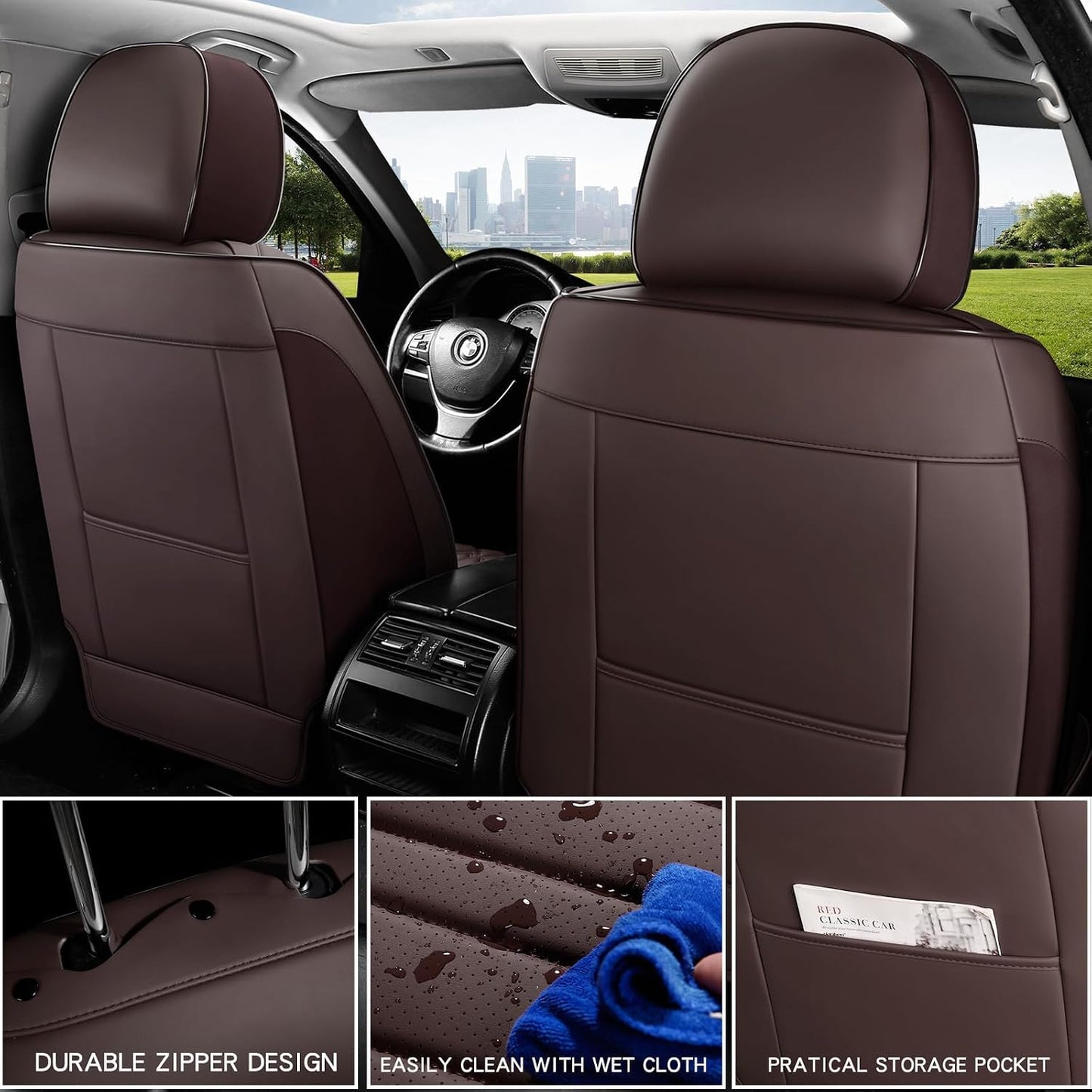 MINGBRON Car Seat Cover Full Set, Leather Car Seat Cover, Waterproof Seat Covers, Car Seat Cushion, Nappa Leather Seat Covers Car Seat Protector Universal Fit Most Cars Black