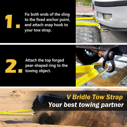 2" x 4' Axle Tie Down V-Bridle Recovery Tow Traile Strap 4700LBS | Polyester Webbing w/Cordura Sleeves and Axle Straps, Snap Hooks Design, Middle D-rings Design, Ideal for All Vehicle Models