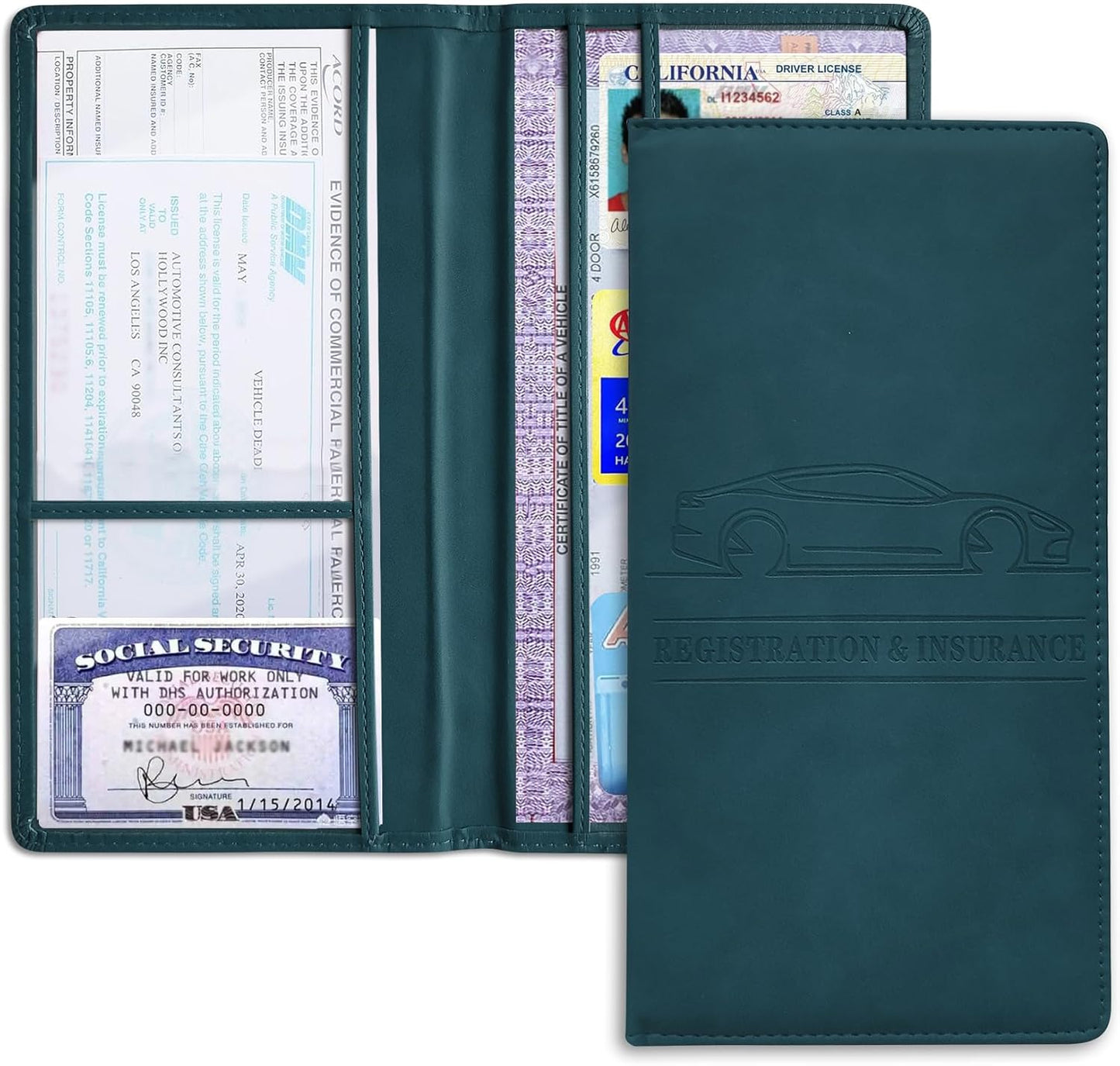 Car Registration and Insurance Holder, Registration and Insurance Card Holder, Auto Glove Box Organizer with Magnetic Shut, PU Leather Automobile Documents Wallet for Cards (Dark Green)