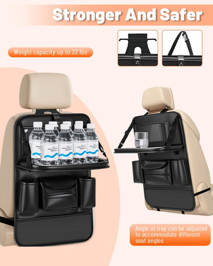 2 Pack Leather Car Backseat Organizer with Foldable Table Tray, Garbage Bag Hook, Protector Kick Mats for Kids, 8 Large-Capacity Pocket, Universal Car Seat Protector for Kids, Pets & Travel