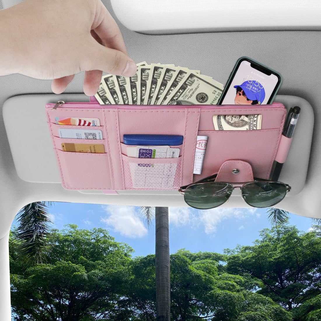 Car Visor Organizer, Auto Interior Accessories, Car Truck SUV Storage Pouch Holder, with Multi-Pocket Net Zipper (Black)
