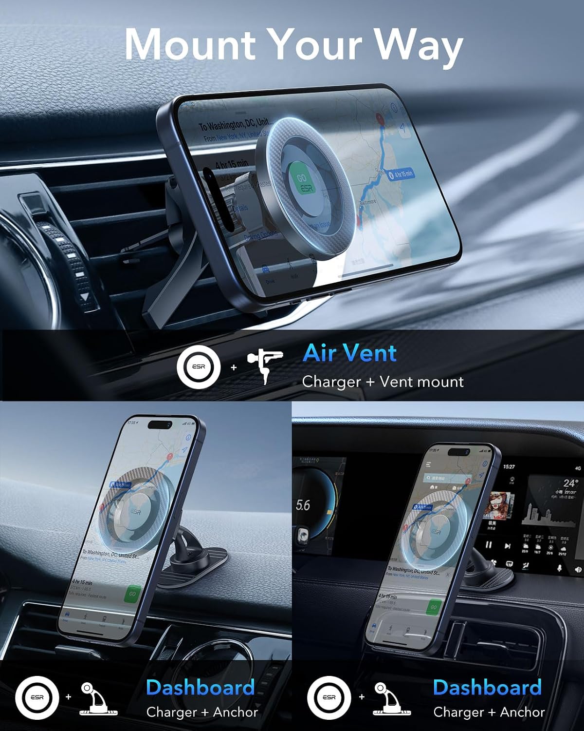 ESR for MagSafe Car Mount, Magnetic Phone Holder for Car Air Vent, Car Phone Holder Mount for iPhone 17e/17/16/16e/15/14/13/12/Samsung, All Smartphones(2 Metal Rings Included),Charging Not Supported