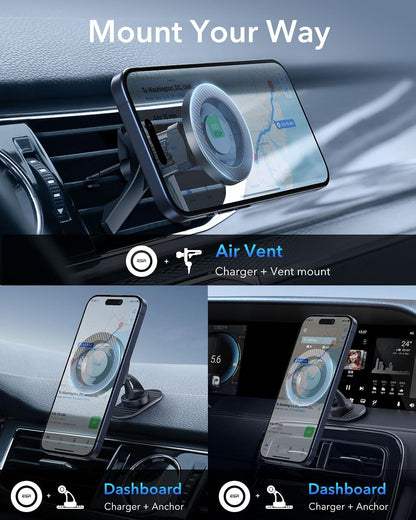 ESR for MagSafe Car Mount, Magnetic Phone Holder for Car Air Vent, Car Phone Holder Mount for iPhone 17e/17/16/16e/15/14/13/12/Samsung, All Smartphones(2 Metal Rings Included),Charging Not Supported