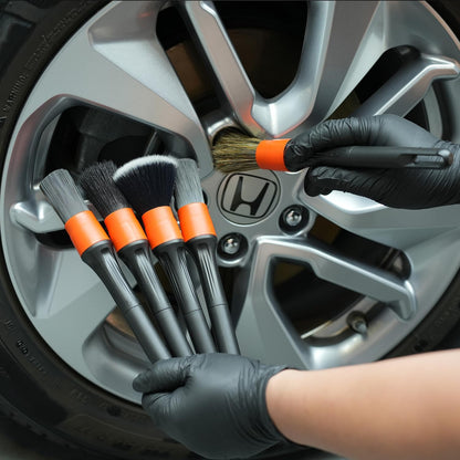 SPTA Car Detailing Brush Set, 5 Pack Soft Boar Hair Auto Detail Brush Kit with Elbow for Automotive Elegant Surface Interior Exterior Dashboard Emblems Panels Engine Bay Wheels Air Vent Seat Leather