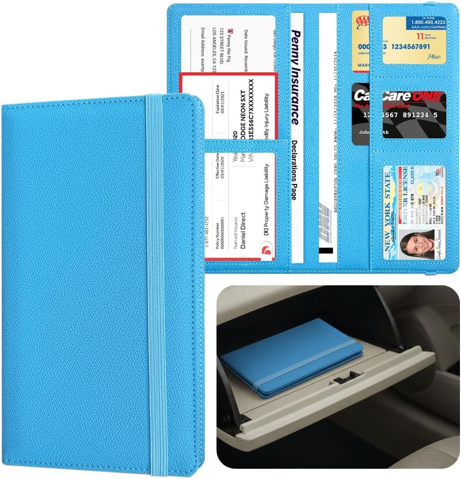 LINTRU Car Insurance and Registration Card Holder, Fits Folded Registration Papers, Double-Stitched Rigid Backing, Secure Elastic Closure, Vehicle Document Organizer, Car Accessories for Men & Women