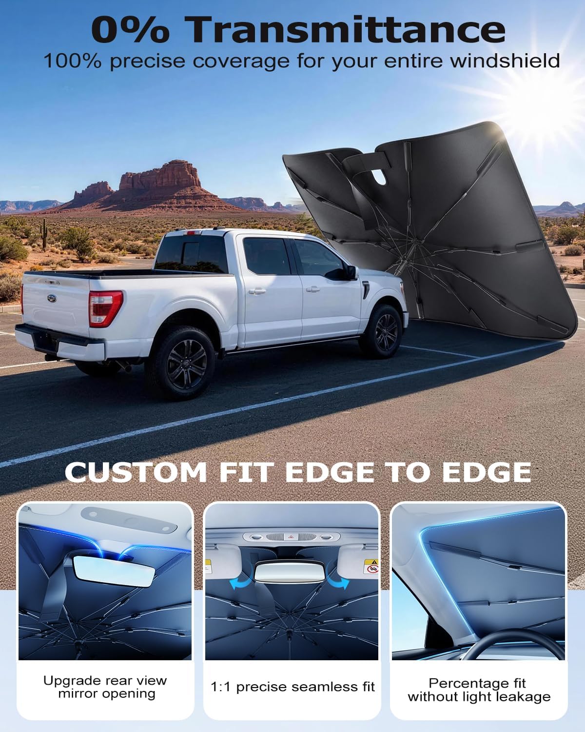DMJN Umbrella Windshield Sun Shade - Medium, Car Sunshade for Front Windshield [Nano Ice-Crystal Coatings] UPF50+ Heat & UV Block, Protect Interior & Keep Cooler Universal for Car, SUV, Truck