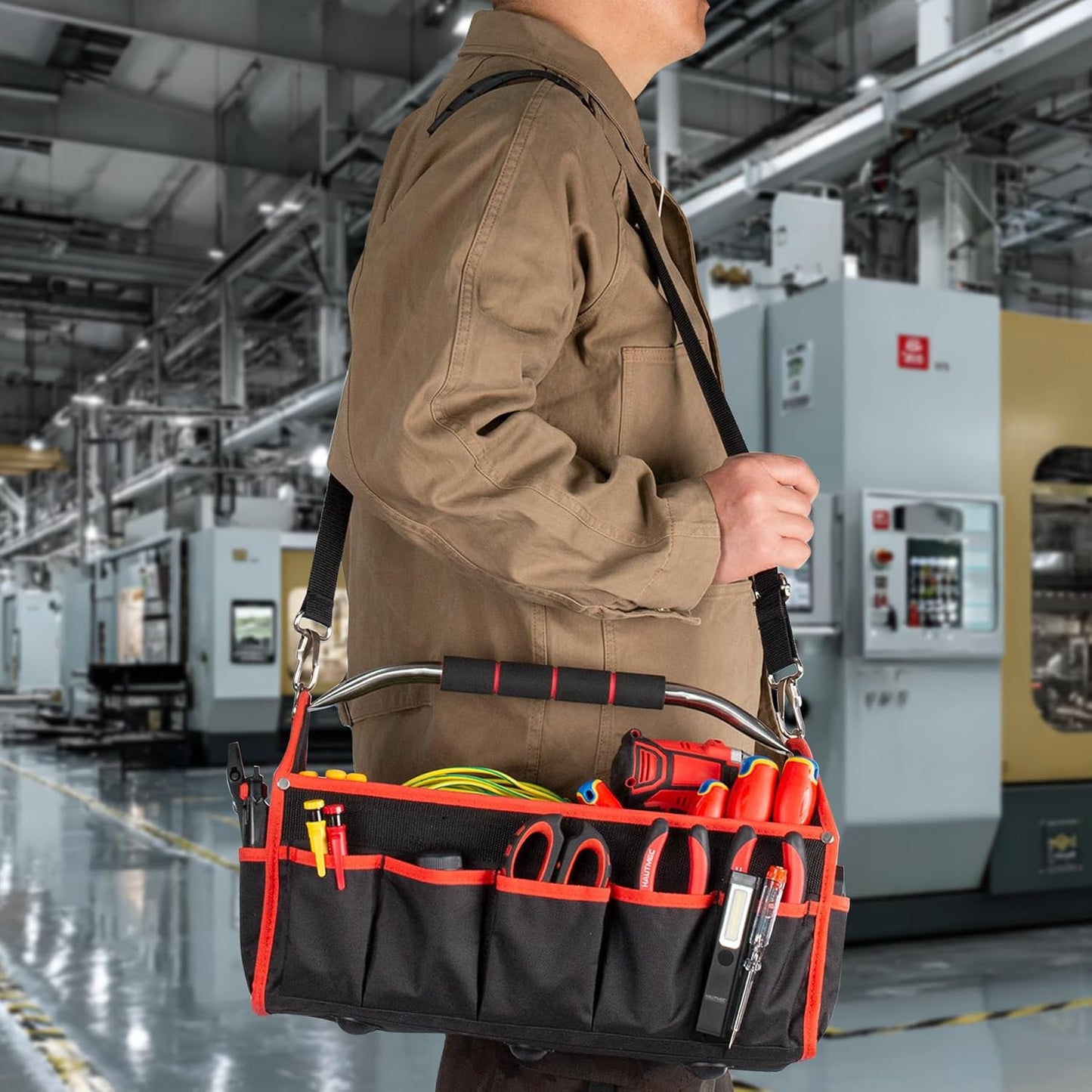HAUTMEC 13 Inch Tool Bag, Foldable Open Top Tool Bag with Stiff Frame, Heavy-Duty Tool Tote with Padded Handle, Water-Resistant Base, Portable Tool Organizer for DIY & Jobsite Use – TB0001