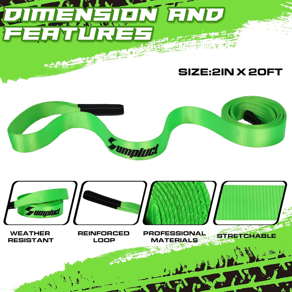 Recovery Tow Strap 2in X 20ft Heavy Duty 20,000 lbs Break Strength, Use for Emergency Towing Rope, Tree Saver, Winch Extension, Triple Reinforced Loops, Protective Sleeves,Car Accessories