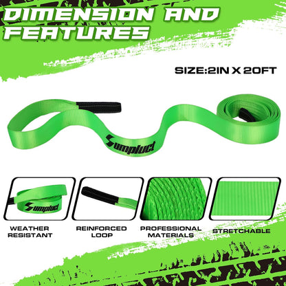 Recovery Tow Strap 2in X 20ft Heavy Duty 20,000 lbs Break Strength, Use for Emergency Towing Rope, Tree Saver, Winch Extension, Triple Reinforced Loops, Protective Sleeves,Car Accessories