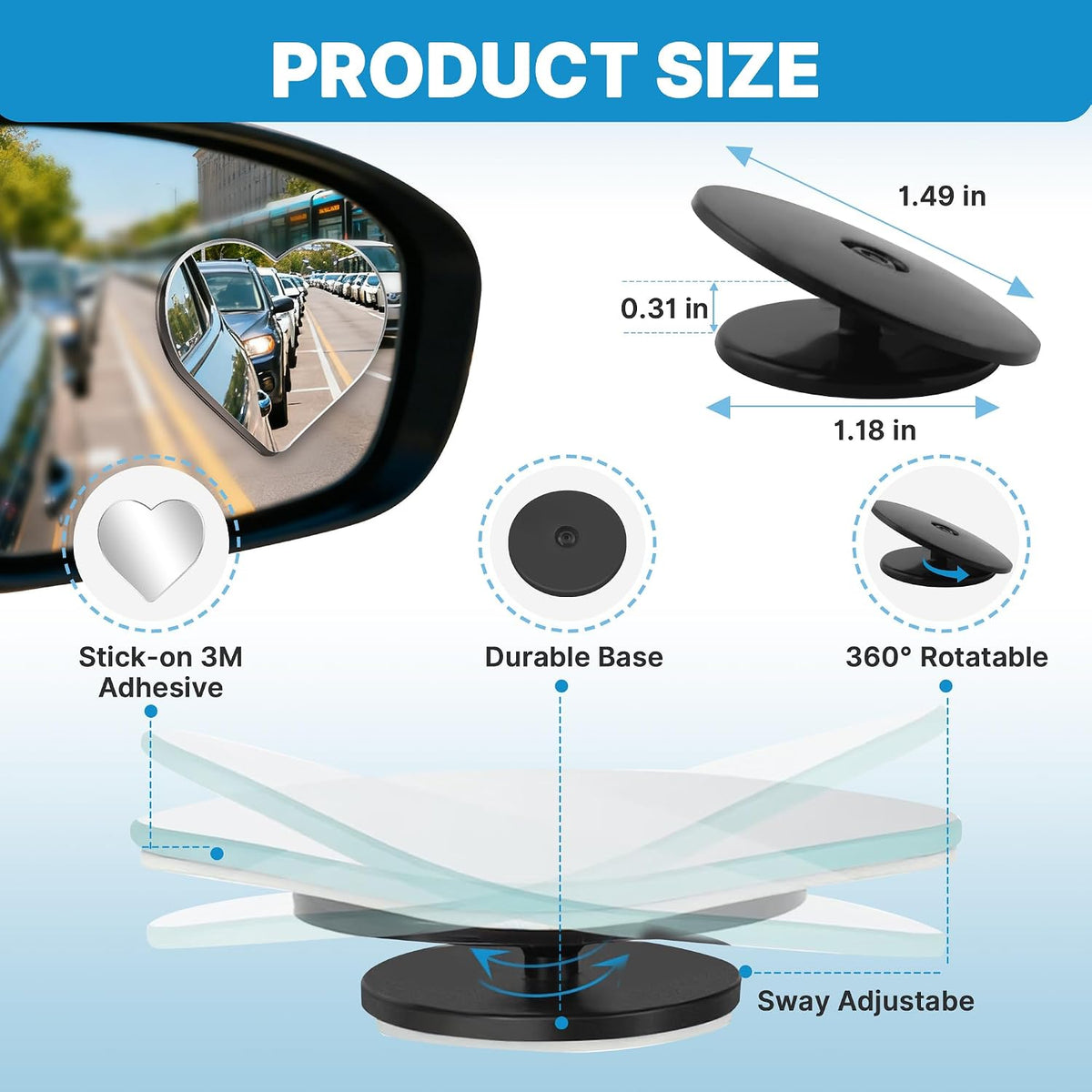 CUNCUI 2pcs Fan Shaped Blind Spot Mirror, 360 Degree Adjustabe HD Glass Blind Spot Mirrors, Frameless Convex Rear View Mirror, for any Car, Van, Suv and Trucks.