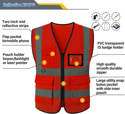Reflective Mesh Safety Vest, Breathable Hi Vis Vest Construction Work with 5 Pockets and Zipper for Men Women