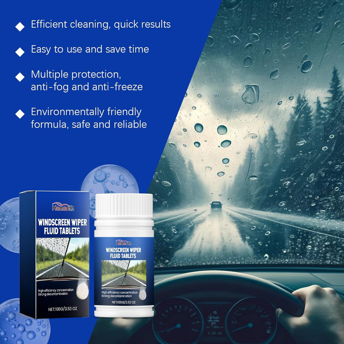 Surakey 100g Car Windshield Washer Fluid Concentrated Clean Tablets,Windshield Wiper Fluid Solid Effervescent Tablet, Remove Glass Stains,Clear Vision Professional Car Window Cleaner
