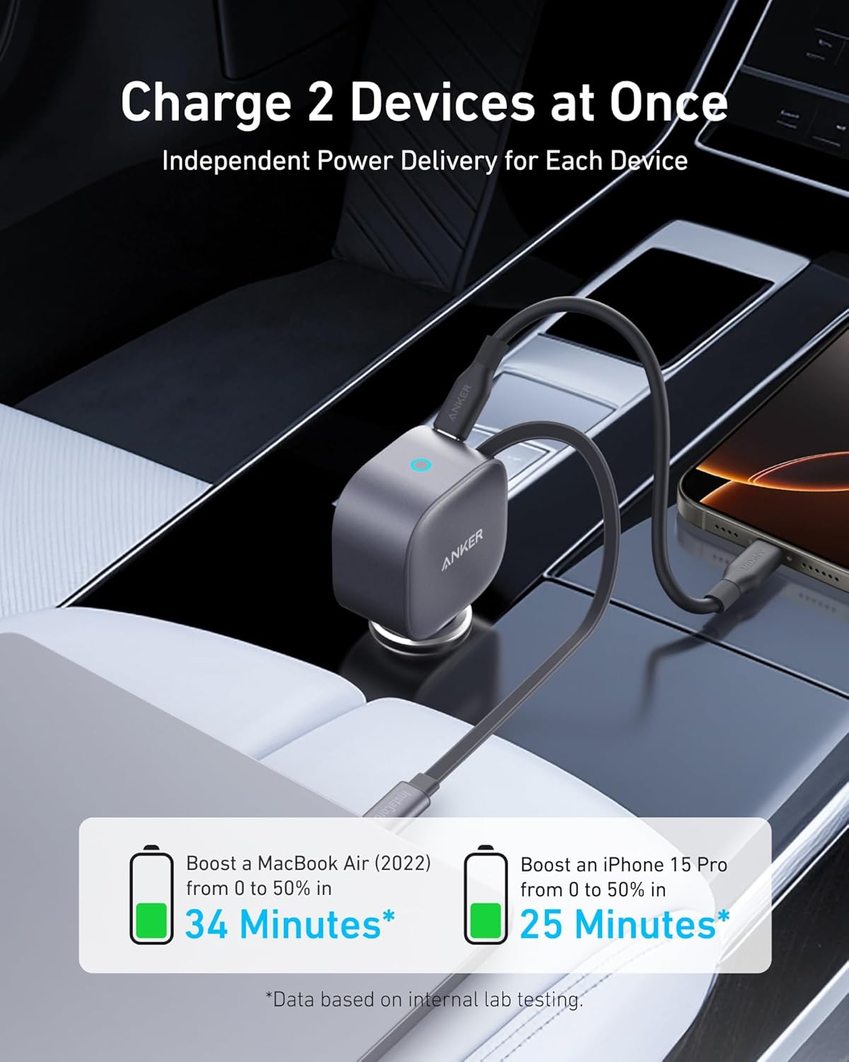Anker Retractable USB-C Car Charger, 75W Max Fast Charging with Built-in Retractable Cable Car Adapter, Car Accessories for iPhone 17/16 Series, Galaxy S25/S24, MacBook Pro/Air, iPad, and More