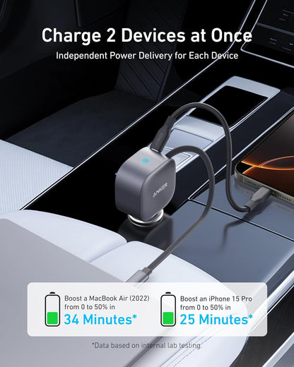 Anker Retractable USB-C Car Charger, 75W Max Fast Charging with Built-in Retractable Cable Car Adapter, Car Accessories for iPhone 17/16 Series, Galaxy S25/S24, MacBook Pro/Air, iPad, and More