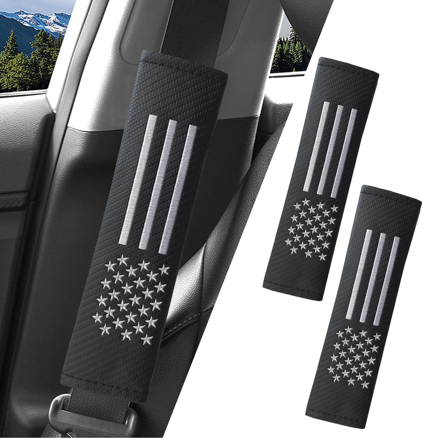 JDDRY 2PC Car Seat Belt Covers Pads,Seatbelt Strap Cover,Seat Belt Shoulder Strap Pads,Carbon Fiber Leather Car Interior Accessories(2Pack,Black-USA Flag)