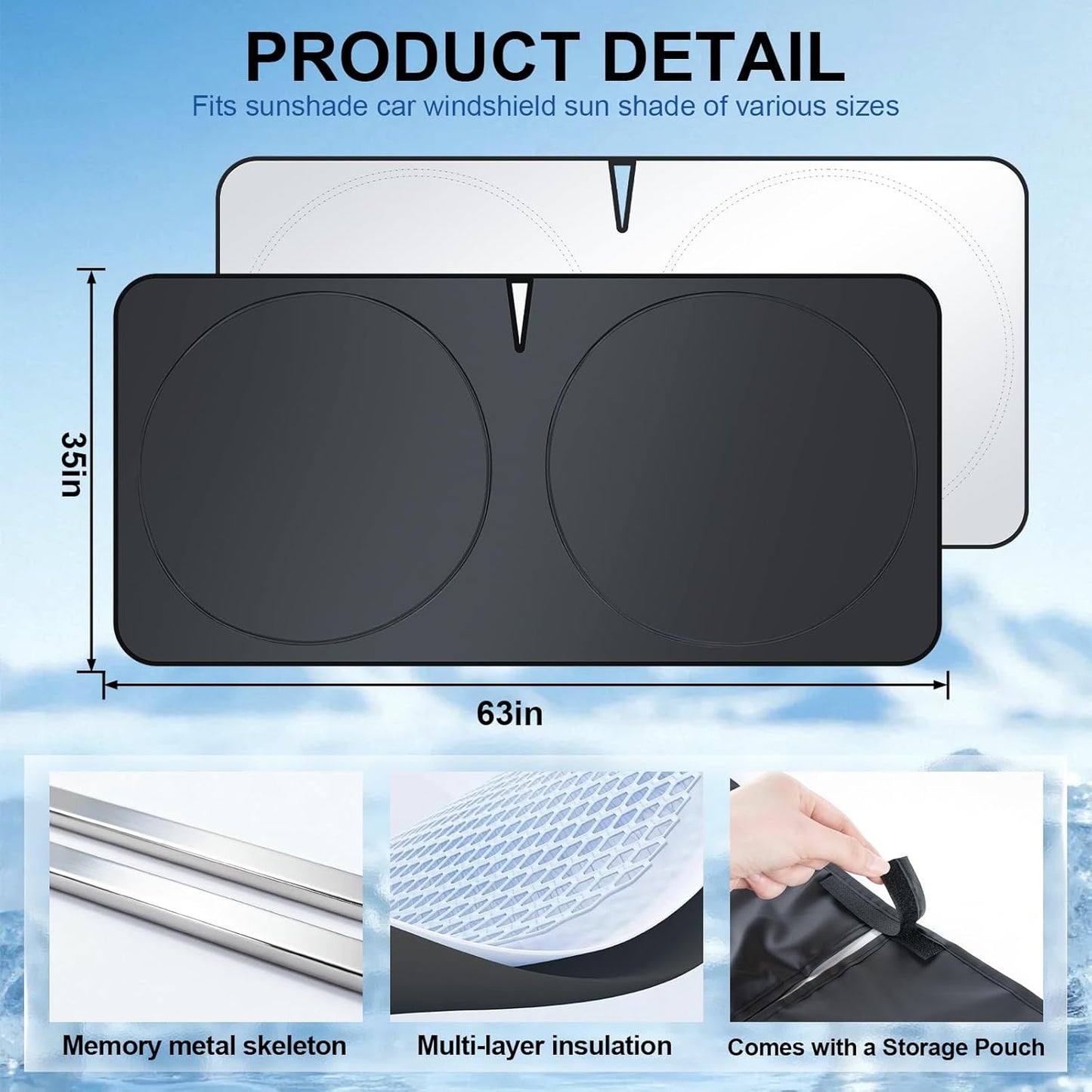 JUSTTOP 300T Car Windshield Sun Shade, Universal Foldable Reflective Sun Shade with Storage Bag, Car Interior Accessories, Fit for Cars Trucks SUVs(63" L x 35" W)