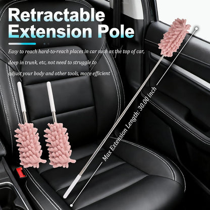 2PCS Car Duster Interior with Bendable Head & Retractable Extension Pole,Pink Microfiber Duster for Car Interior Detailing Cleaning,Universal Cars Interiors Dusters Cars Tools