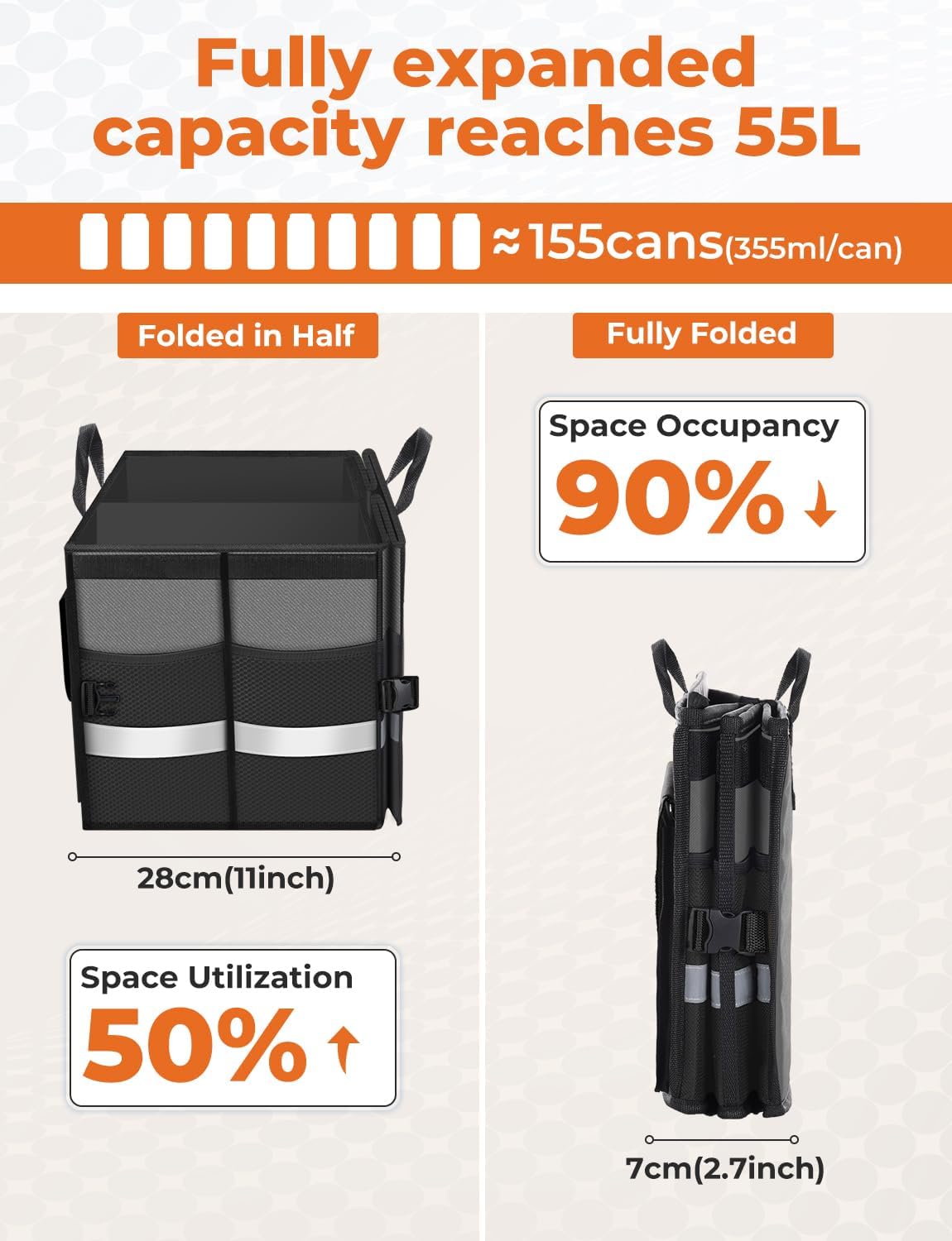 Oasser Car Trunk Organizer, 3 Compartments Collapsible Waterproof Car Organizer Storage with Foldable Cover, Reflective Strip, Non-Slip Bottom, 4 Mesh Pockets for SUV/Truck/Sedan/Camping/Road Trip