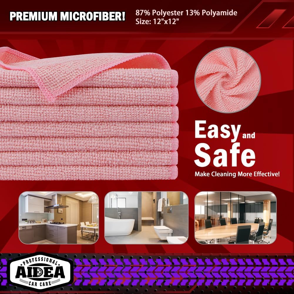 AIDEA Microfiber Cleaning Cloth, 50PK, Microfiber Towels for Cars, Premium Wash Cloths, Dusting Cloth Cleaning Rags, Absorbent Towels for SUVs, House, Kitchen, Window, Cleaning Supplies12×12"