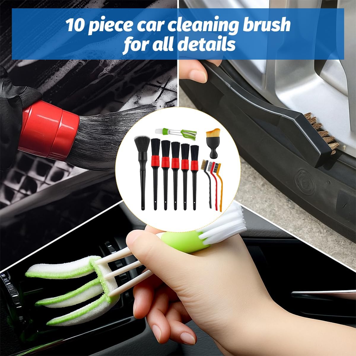 11PCS Car Detailing Brush Set, Soft Boar Hair Vehicle Interior Exterior Detail Cleaning Brush, Automotive Detailing Cleaner Kit for Wheel, Air Vent, Seat, Universal for Most Vehicles