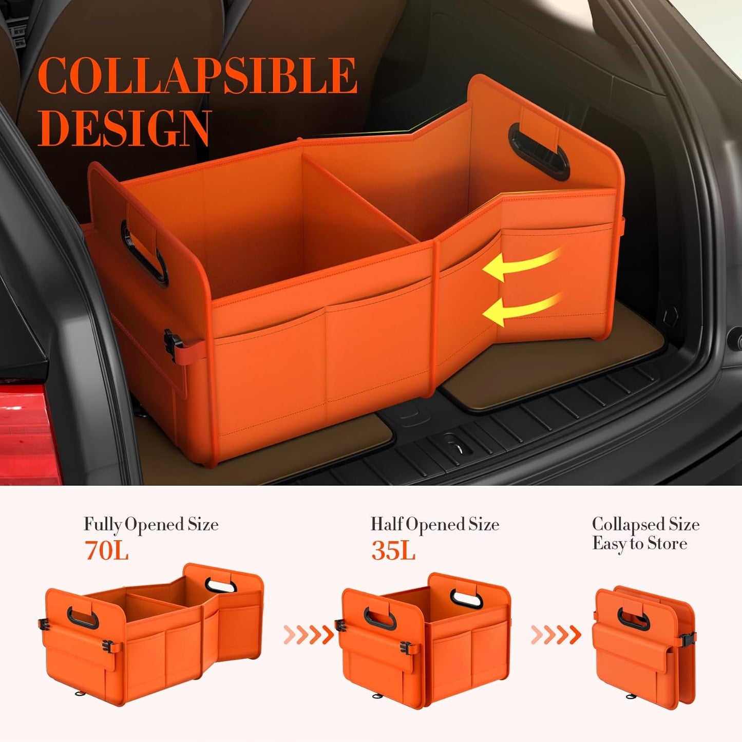 titiyiof Trunk Organizer For Suv & Sedan,Car Organizers and Storage, Waterproof Collapsible & Adjustable Straps,Sturdy Car Organization for Car Accessories, Tools,Food，Sundries,2-3 Compartment（Beige）