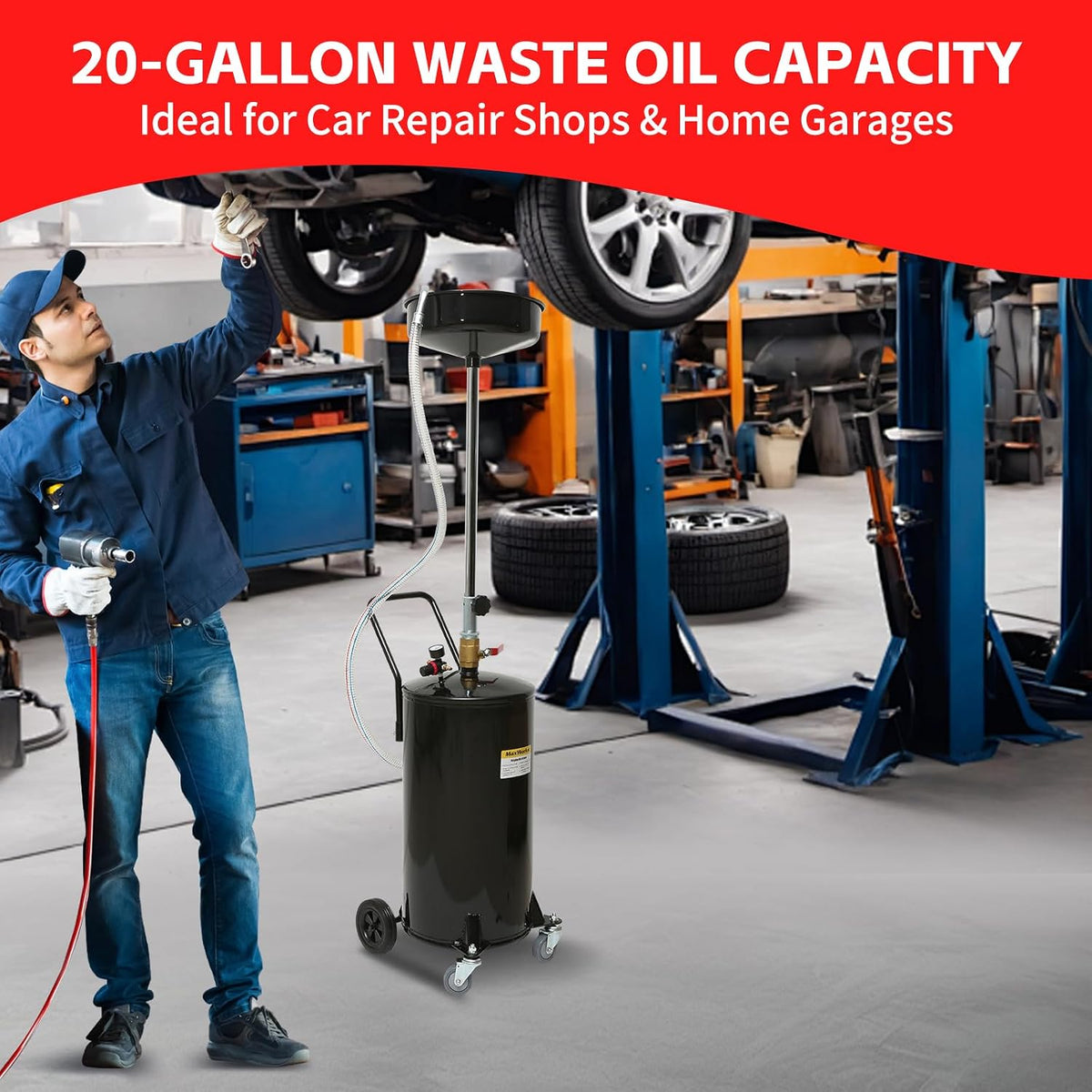 MaxWorks 50964 9-Gallon Portable Waste Oil Drain, Industrial Fluid Drain Square Tank with Wheels and Adjustable Funnel Height. Red.