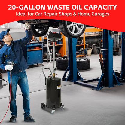 MaxWorks 50964 9-Gallon Portable Waste Oil Drain, Industrial Fluid Drain Square Tank with Wheels and Adjustable Funnel Height. Red.