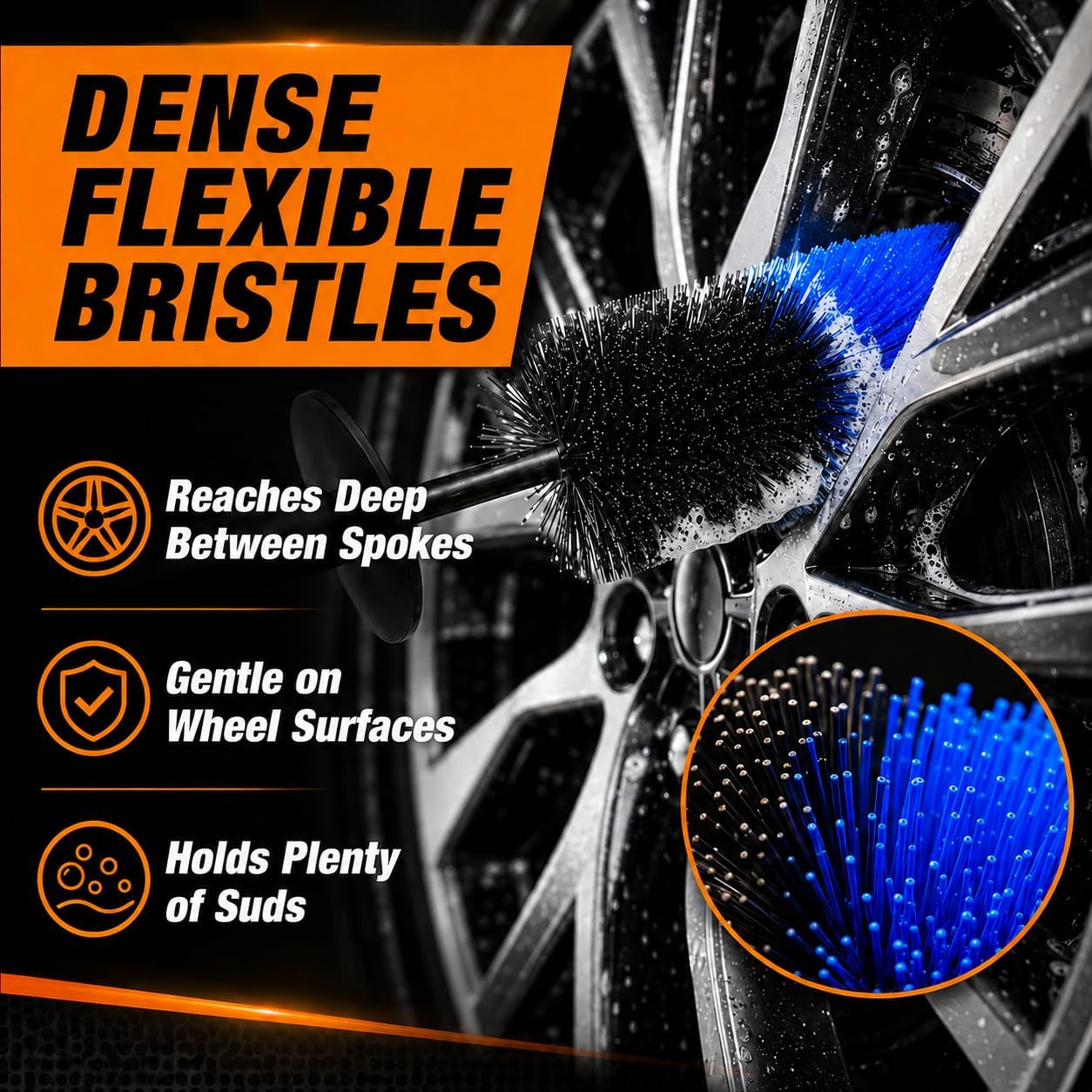Wheel & Tire Brush, 18“ Soft Bristle Long Handle Wheel Cleaning Brush for Rims, Tires & Wheels, Scratch-Free Car Detailing Brush for Engine Bay, Exhaust Tips, Trucks & SUVs