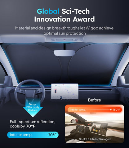 Wigoo Tesla New Model Y Accessories Windshield Sunshade [OEM Design, 100% Sun Blockage] Foldable Heat Insulation Sunshade with Storage Bag, for Model Y 2020~2026 (Juniper), Silver Coating - Colors A