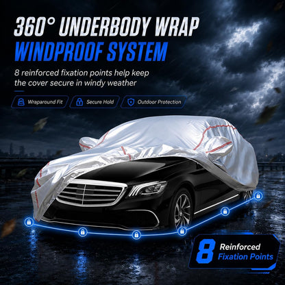Car Cover for Sedan, Waterproof All Weather Heavy Duty, 360° Underbody Wrap Windproof Design, Quick Install Outdoor Vehicle Cover, Fits 186-193 in