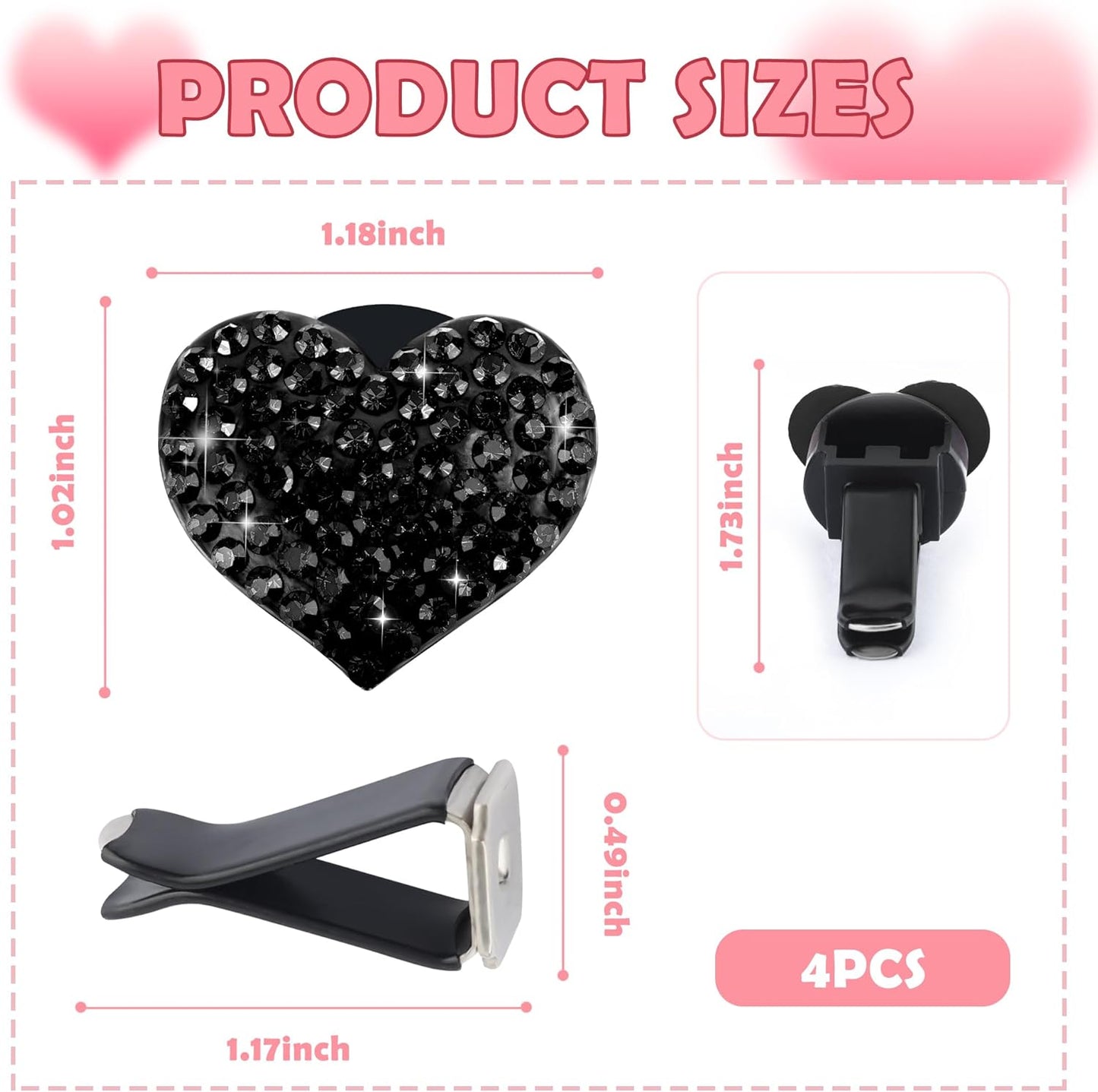 4PCS Heart-Shaped Car Vent Clips with Rhinestone,Bling Air Vent Clips Car Decorations,Premium Shiny Car Clips for Vents CCar Accessories Interior for Cars,Trucks,SUVs (Pink)