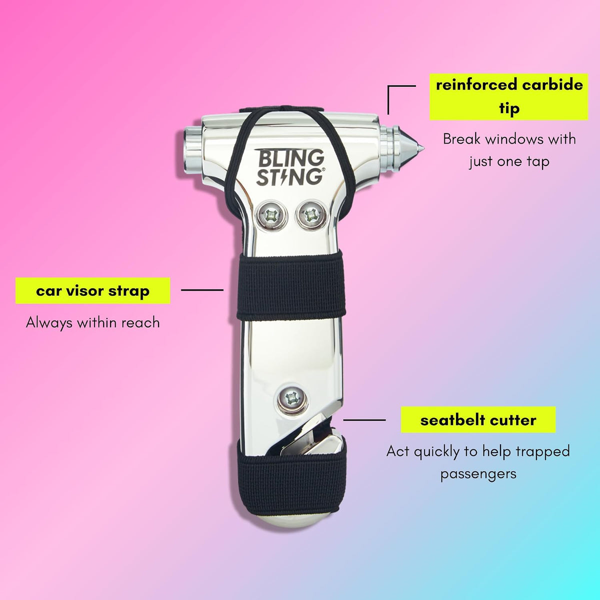 BLINGSTING Safety Hammer - Emergency Automotive Escape Tool with Window Breaker, Seat Belt Cutter & Adjustable Car Visor Strap - Tempered Glass Breaker - Steel Blade - Rose Gold (1 Count)