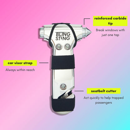BLINGSTING Safety Hammer - Emergency Automotive Escape Tool with Window Breaker, Seat Belt Cutter & Adjustable Car Visor Strap - Tempered Glass Breaker - Steel Blade - Rose Gold (1 Count)
