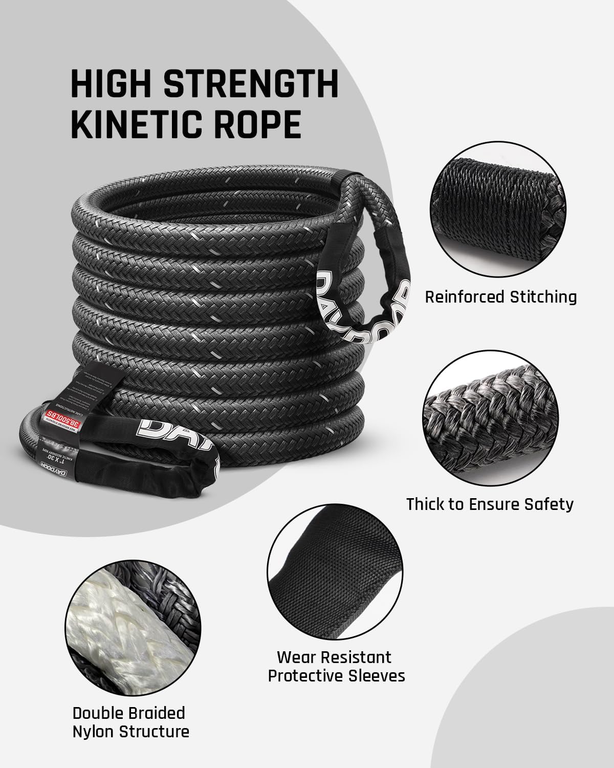 DAYDOOR Recovery Tow Rope Kit with 2 Soft Shackles, 7/16 Inch x 30 ft 31,200 Lbs UHMWPE Tow Strap, Synthetic Towing Rope Recovery Kit for ATV, UTV, SUV, Cars (Gray)