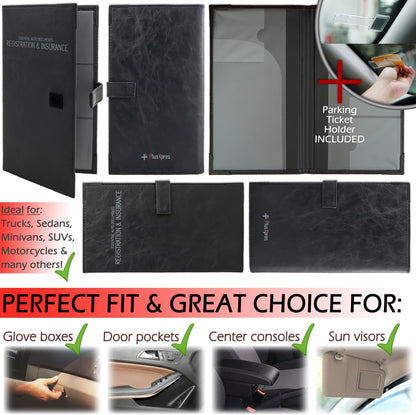 Auto Insurance and Registration Card Holder - Vehicle Glove Box Document Organizer - Car Essential Paperwork Holder for DMV, AAA, Contact Information Cards - Premium PU Leather Wallet Case - Black