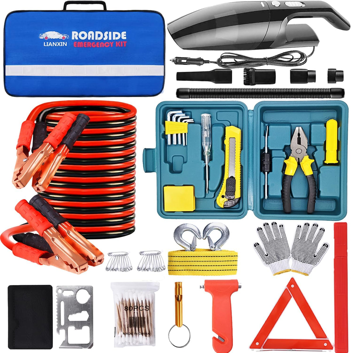 142 PCS Emergency Roadside Kit for Car ,Safety Car Kit with Jumper Cables | Roadside Assistance Emergency Kit Warning Triangle, Safety Hammer, Tow Rope, Car Emergency Kit Gifts for New Drivers