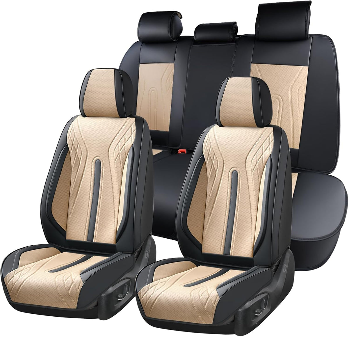 Huidasource Coffee Seat Covers Full Set, Universal Fit for Most Cars Trucks SUV, Full Coverage Leather Seat Cover, Airbag, Cupholder Compatible, Velcro Adjustable, Heaating/Cooling Function Retain