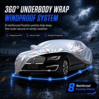 Car Cover for Sedan, Waterproof All Weather Heavy Duty, 360° Underbody Wrap Windproof Design, Quick Install Outdoor Vehicle Cover, Fits 186-193 in