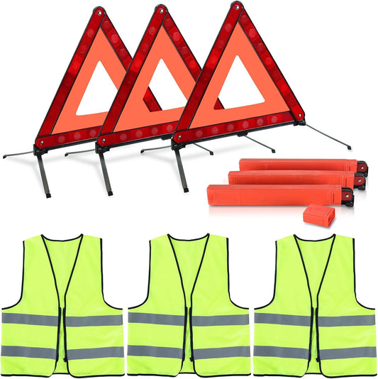 NATGAI 3 Pack Emergency Warning Triangles, Reflective Roadside Safety Triangle Kit with Storage Case and 3 Pack High-Visibility Safety Vests, Foldable Reflective Triangles for Roadside Emergencies