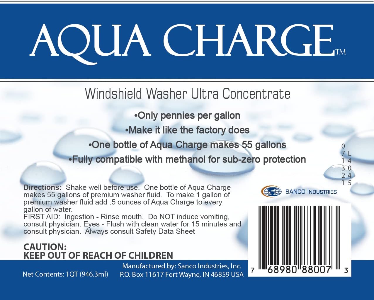 Sanco Industries Aqua Charge - Windshield Washer Fluid Ultra Concentrate, 1 Bottle Makes 55 Gallons - 32 Ounces