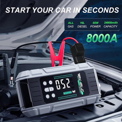 8000A Jump Starter with Air Inflator/Deflator Compressor, 65W Charging Car Battery Jump Starter (All Gas/16L Diesel), 24800mAh 150PSI Battery Jumper Starter Portable, Jump Box Jump Pack with LED Light