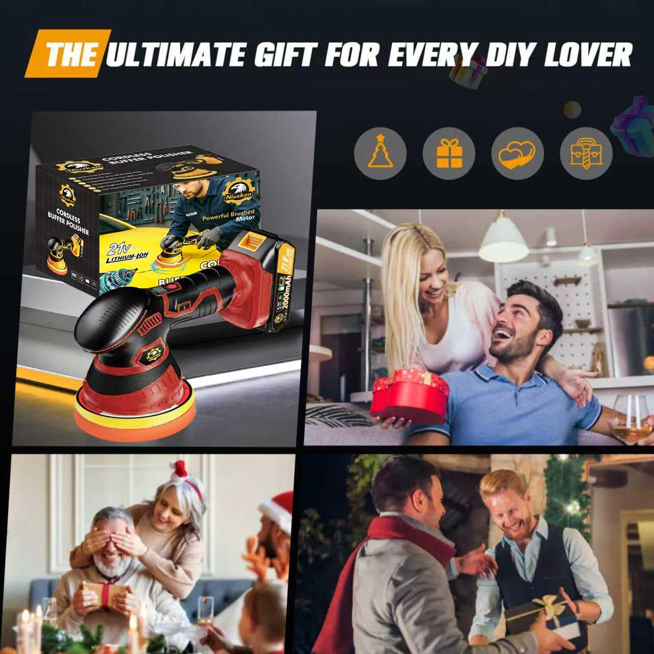 Cordless Car Buffer Polisher kit [2x 2000mAh 21V Batteries & 18 PCS Attachments] 6-Speed Orbital Design, LED Display, Lightweight Detailing Tool for Waxing, Polishing & Scratch Removal-Yellow