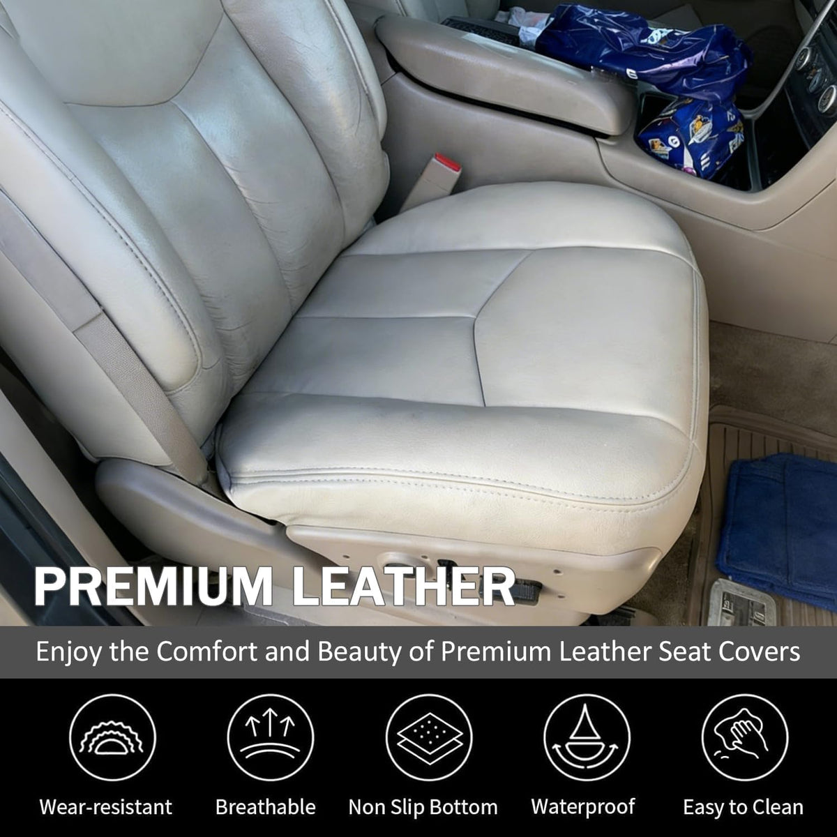 NLQR #522 Light Tan Front Driver Bottom Replacement Seat Cover Microfiber Leather Compatible with Chevy Avalanche Tahoe Suburban GMC Yukon XL 2003 2004 2005 2006